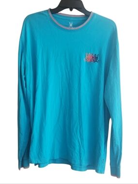 Psycho Bunny Teal Long Sleeve Crew Neck Shirt with Multicolor Bunny Logo